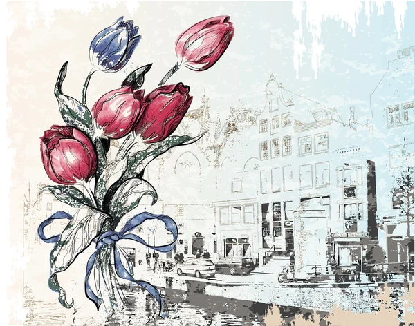 Ilustración vintage de la calle Amsterdam y tulipanes. Acuarela — Archivo Imágenes Vectoriales