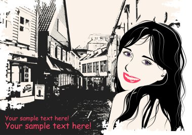 Fashion girl in sketch style on a Scandinavian city-background. clipart