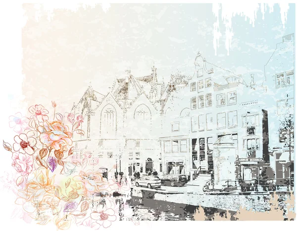 Ročníku ilustrace amsterdam ulice. Akvarel styl. — Stockový vektor