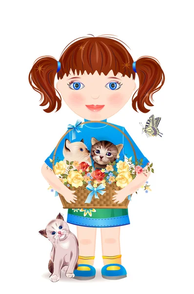 Komik kedi yavruları ile küçük kız — Stok Vektör