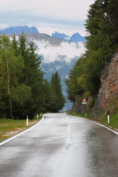 Strada bagnata e splendente nelle Alpi svizzere — Foto Stock