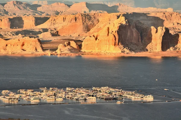 Lake Powell sunset. Boats in the lake port
