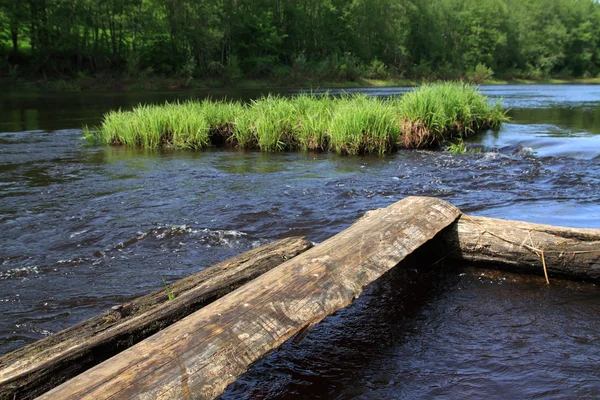 Річковий потік на старій зруйнованій греблі — стокове фото