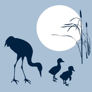 Crane with nestling silhouette on solar background, vector illus clipart