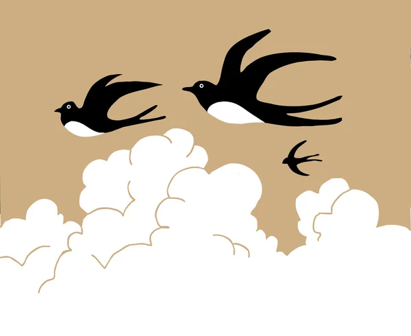 Golondrinas en el cielo sobre fondo nublado, ilustración vectorial — Vector de stock