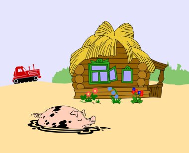 Pig against rural building clipart