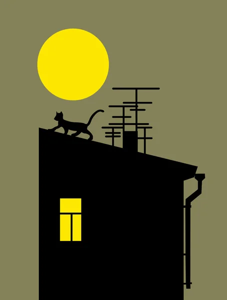Кошачий силуэт на домашней крыше, векторная иллюстрация — стоковый вектор