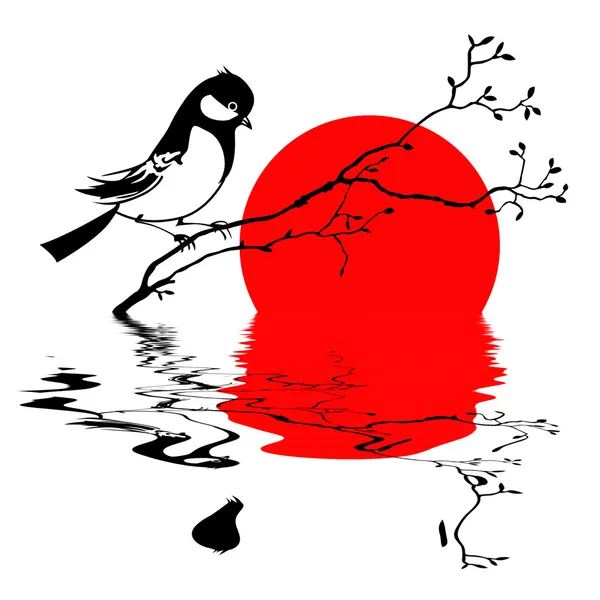 Oiseau sur branche silhouette sur fond solaire, vecteur illustrati — Image vectorielle