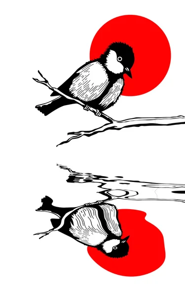 Bird on branch silhouette on solar background, vector illustrati — Stock Vector