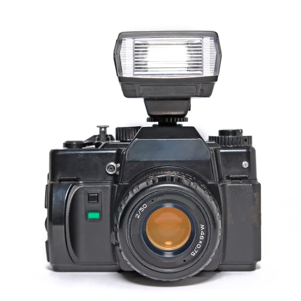 Câmera com flash no fundo branco — Fotografia de Stock