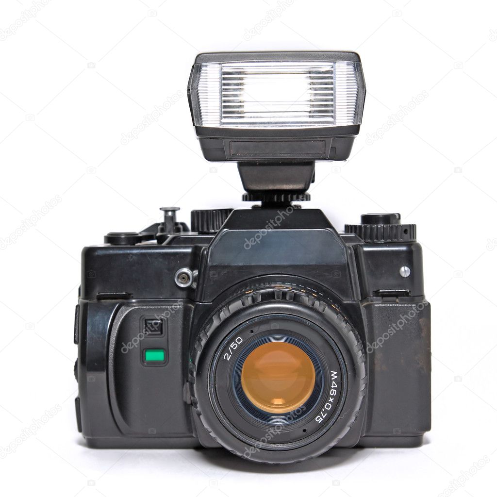 Camera with flash on white background