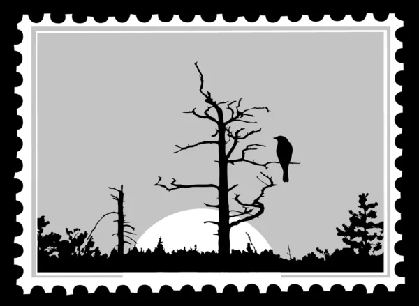 Silhouette dell'uccello su albero su francobolli, vettoriale illust — Vettoriale Stock