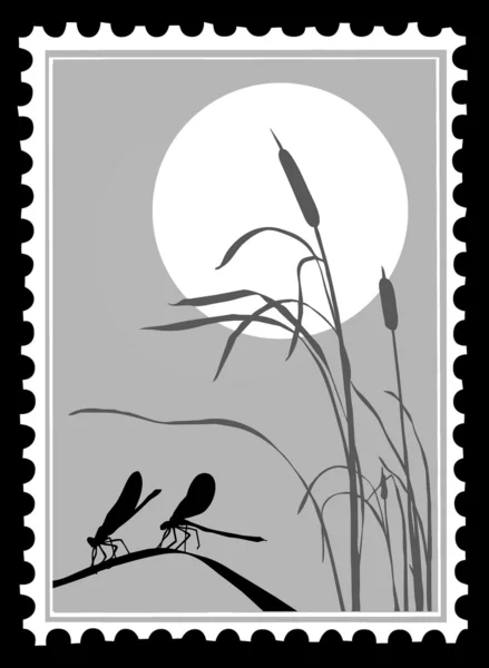 Silhouette Libelle auf Briefmarken, Vektorillustration — Stockvektor