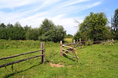 Wooden fence on green pasture clipart