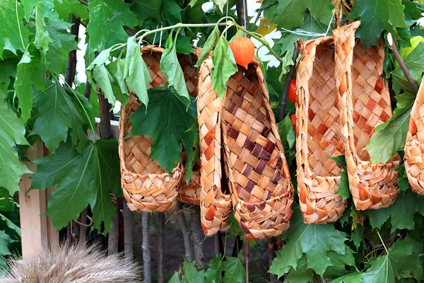 Wooden footwear amongst green sheet — Stock Photo, Image