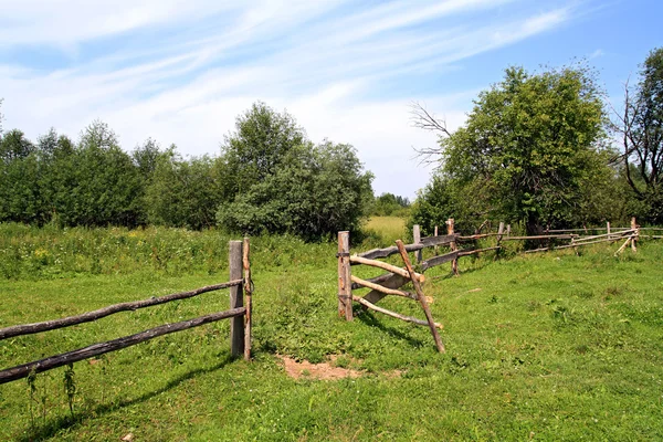 Fából készült kerítés a zöld legelő — Stock Fotó