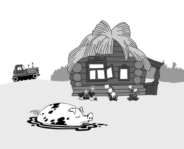 Maiale contro edificio rurale, illustrazione vettoriale — Vettoriale Stock