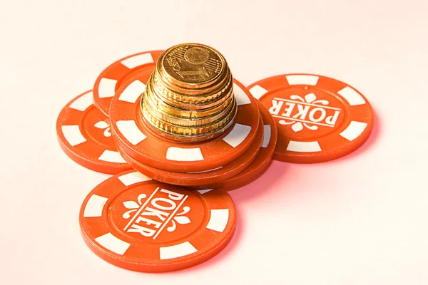 Gambling chips on a bright pink background — Stock Photo, Image