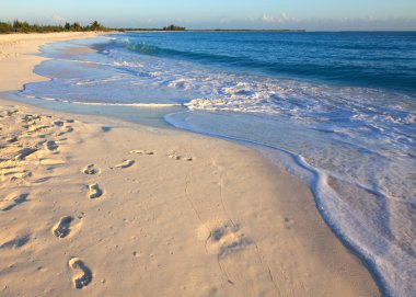 beyaz kum üzerinde ayak izleri. Playa sirena. Cayo largo. Küba.