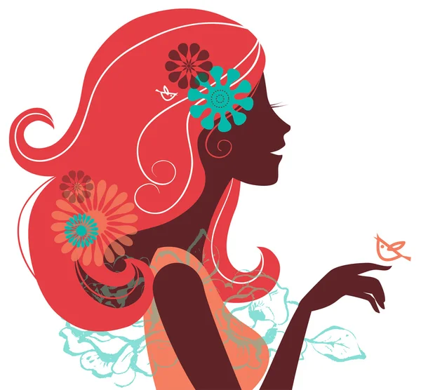 Bella silhouette donna con fiori — Vettoriale Stock