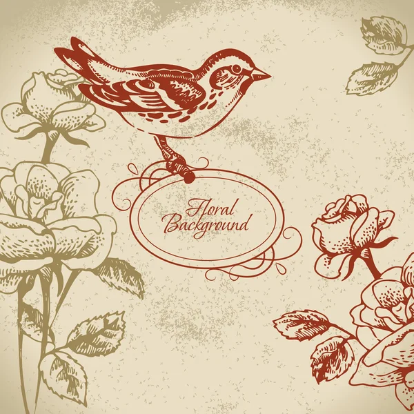 带鸟的复古花卉背景 — 图库矢量图片