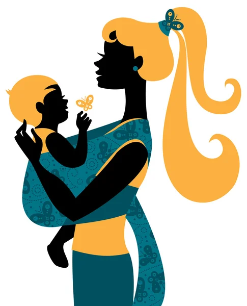Красивий материнський силует з дитиною в слінгу — стоковий вектор