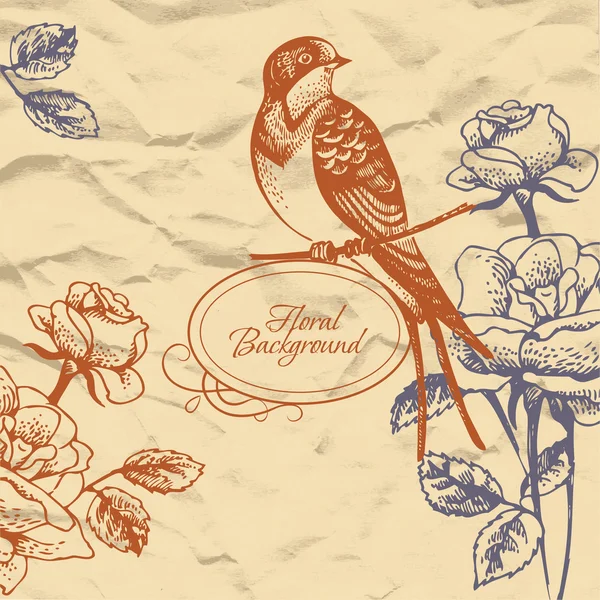 Fond floral rétro avec oiseau — Image vectorielle