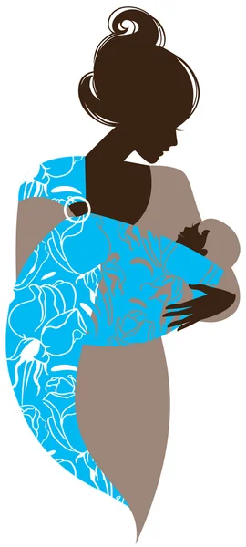 Schöne Mutter-Silhouette mit Baby im Tragetuch — Stockvektor