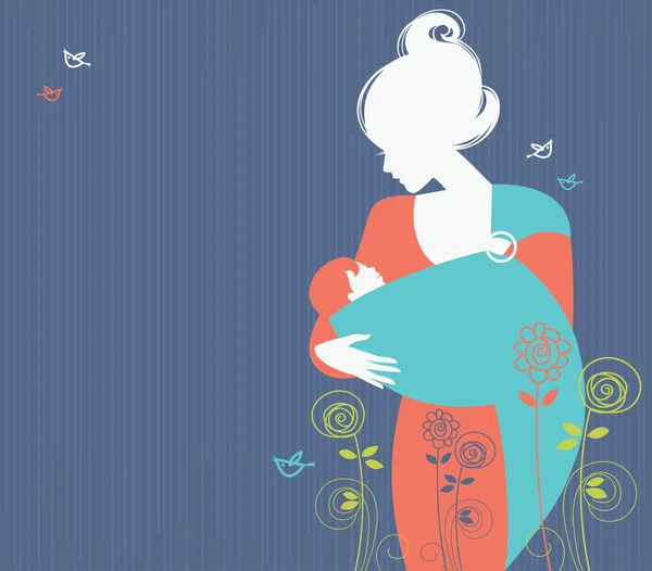スリングと花の後ろで赤ちゃんと一緒に美しい母親のシルエット — ストックベクタ