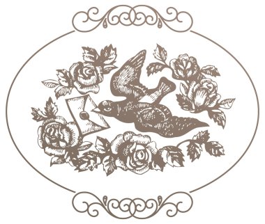 aşk mektubu ve çiçeklerle kuş