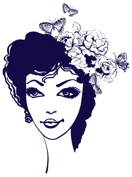 Belle silhouette de femme avec des fleurs et des papillons dans son hai — Image vectorielle