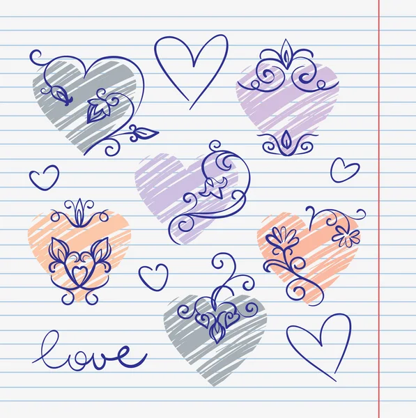 Garabatos de amor dibujados a mano en cuaderno de bocetos — Vector de stock