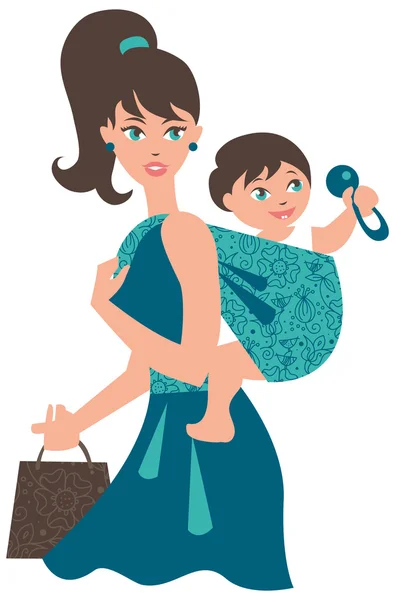 Active mother with baby in a sling — Stock Vector