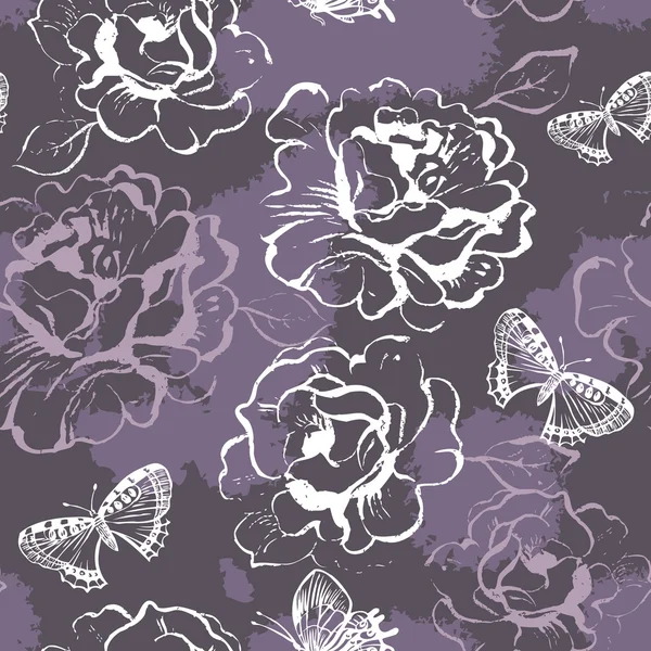 バラと蝶でシームレスな花柄 — ストックベクタ