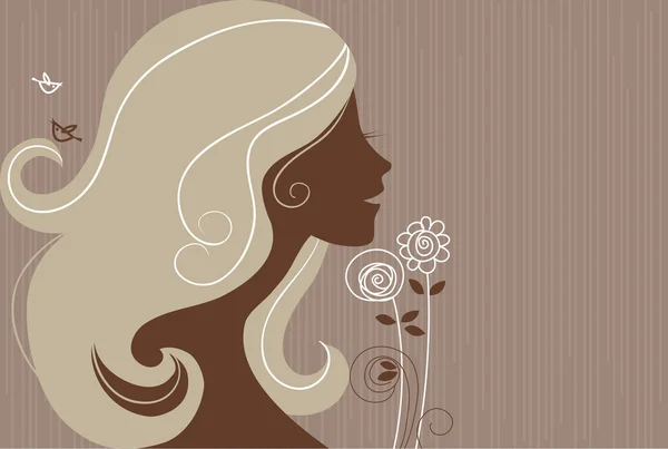 Beautiful girl silhouette with a flowers — Stock Vector