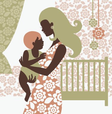 Beautiful mother silhouette with baby in children clipart