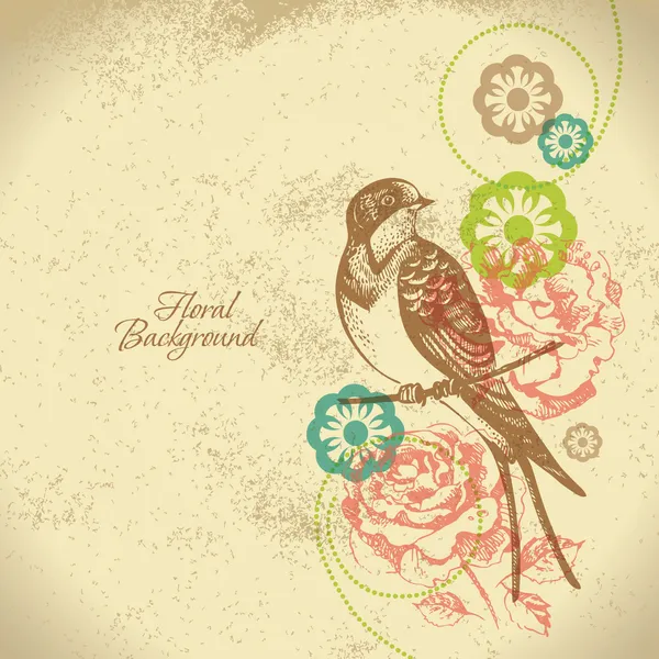 Ρετρό floral φόντο με πουλί — Διανυσματικό Αρχείο