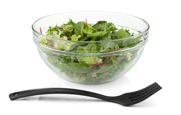Healthy green salad with plastic fork — Stock Photo, Image