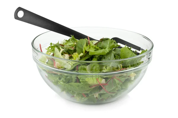 Salada verde saudável com garfo de plástico — Fotografia de Stock