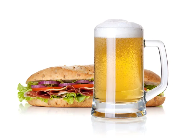 Cold lager beer glass and long sandwich — Stock Photo, Image