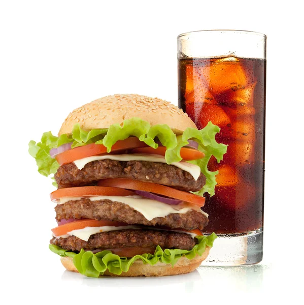 Glas cola met ijs en hamburger — Stockfoto