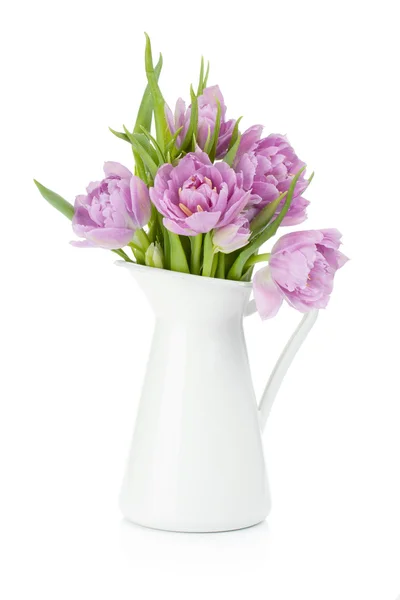 Pink tulips in metal pitcher — Stock Photo, Image