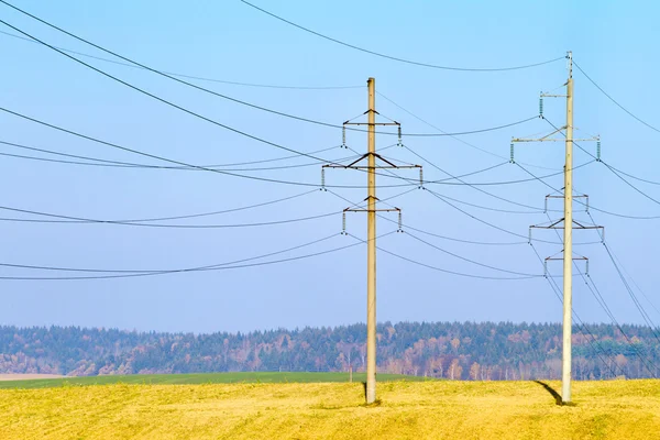 Elektrische leidingen tegen gele veld en de blauwe hemel — Stockfoto
