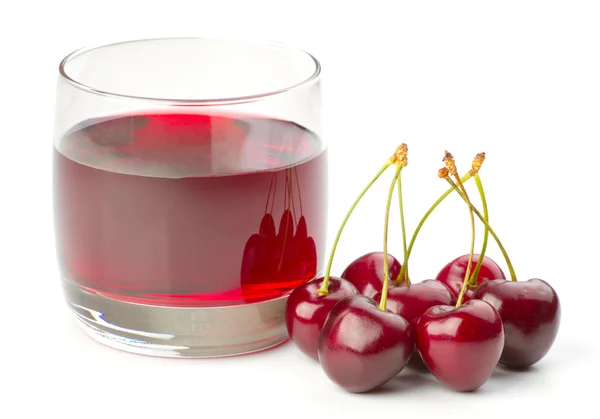 stock image Cherries and a glass of cherry juice isolated on white