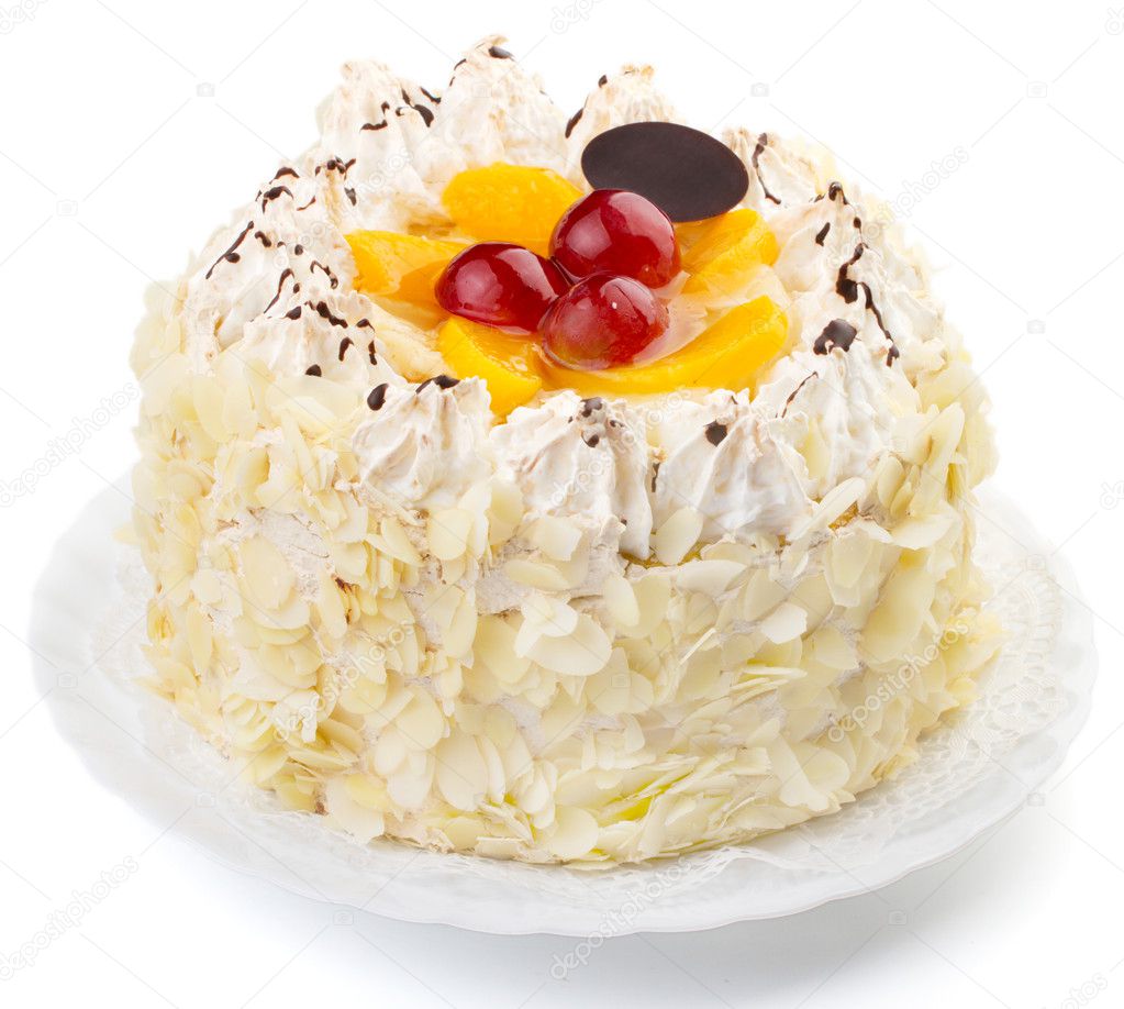 Creamy cake with fruits and almonds