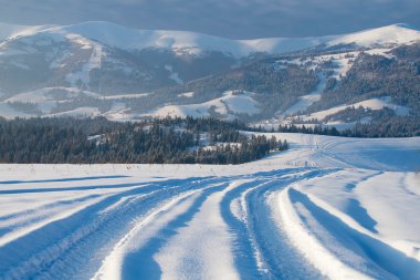 Winter mountain landscape with track road. Ukraine, Carpathians clipart