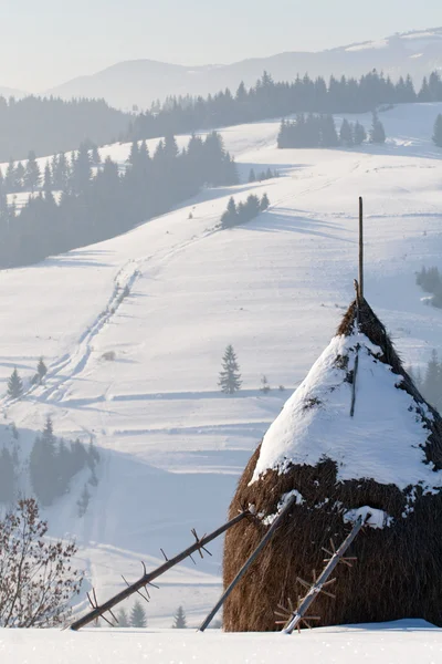Pila di paglia invernale nelle montagne carphaziane, Ucraina — Foto Stock