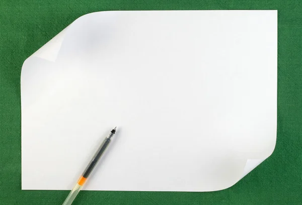 White sheet of paper with curled edge on green background — Stock Photo, Image