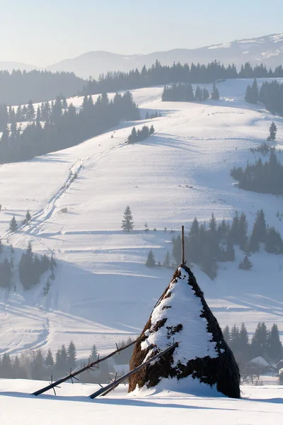 Stogu siana zimą w góry carphatian, Ukraina — Zdjęcie stockowe