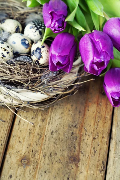 Uova di Pasqua con fiori di tulipano viola — Foto Stock